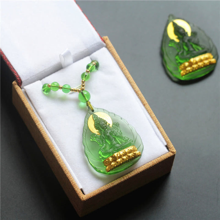 BWOOOH Tibetan Green Tara Buddha Gold Plated Liuli Crystal Protection Necklace Pendant