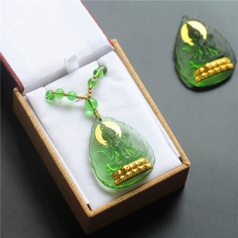 BWOOOH Tibetan Green Tara Buddha Gold Plated Liuli Crystal Protection Necklace Pendant