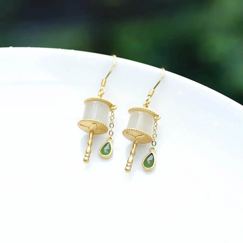 BWOOOH 925 Sterling Silver Jade Prayer Wheel Luck Drop Earrings