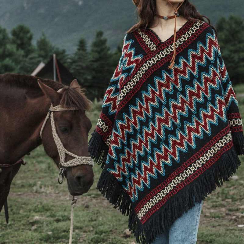 BWOOOH Tibetan Shawl Striped Knitted Tassels Pullover Win