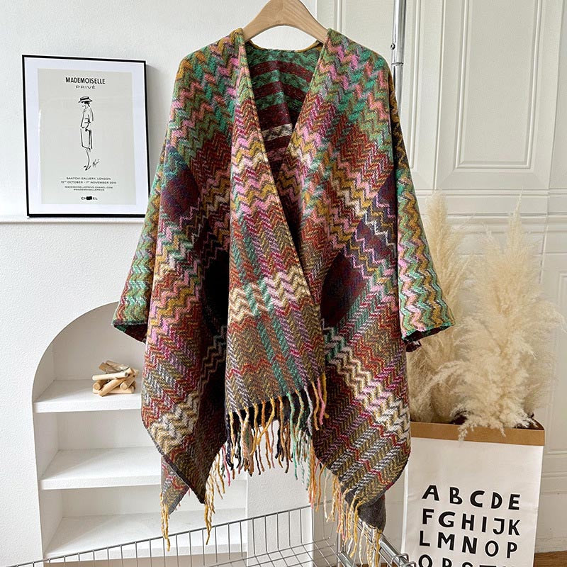 BWOOOH Tibetan Shawl Colorful Wavy Striped Shapes Tassels