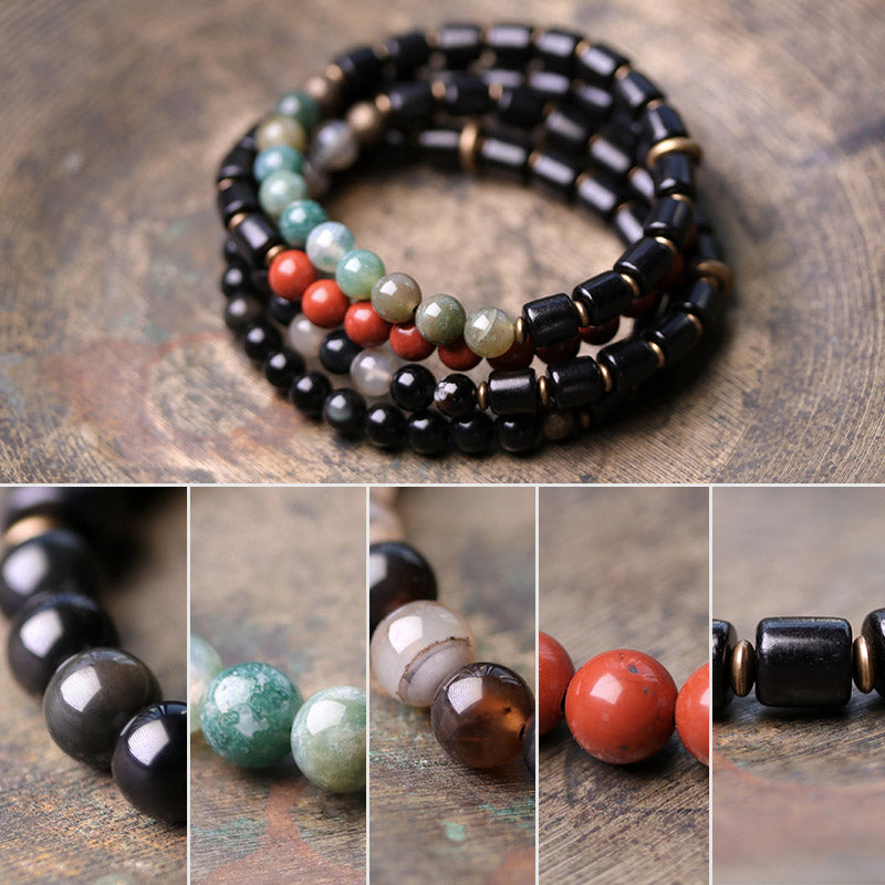 BWOOOH Ebony Wood Red Jasper Moss Agate Crystal Copper Peace Couple Bracelet