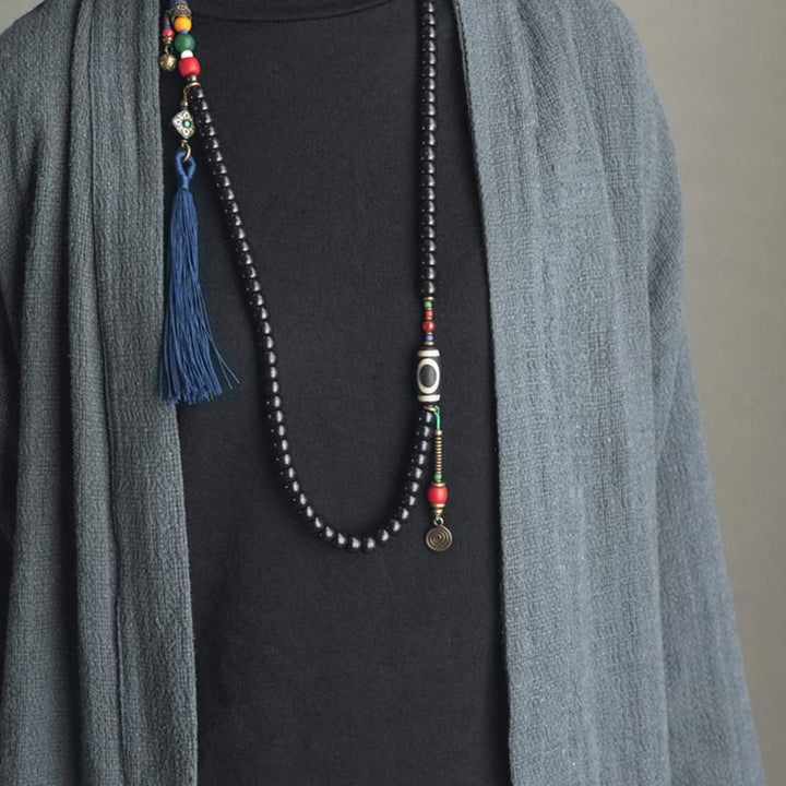 BWOOOH 108 Beads Mala Ebony Wood Dzi Bead Copper Balance Tassel Bracelet