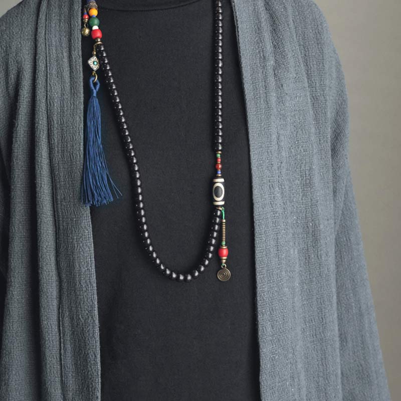 BWOOOH 108 Beads Mala Ebony Wood Dzi Bead Copper Balance Tassel Bracelet