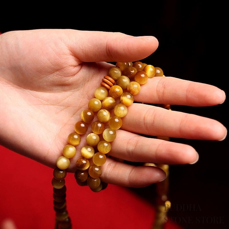 BWOOOH 108 Mala Beads Natural Tiger Eye Copper Dorje Protection Tassel Bracelet