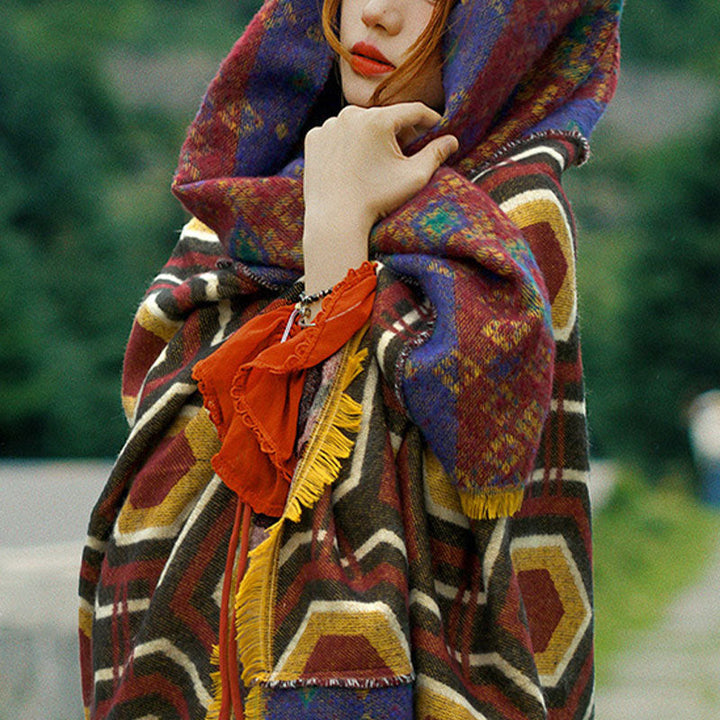 BWOOOH Tibetan Shawl Brown Blue Red Geometric Shapes Patt