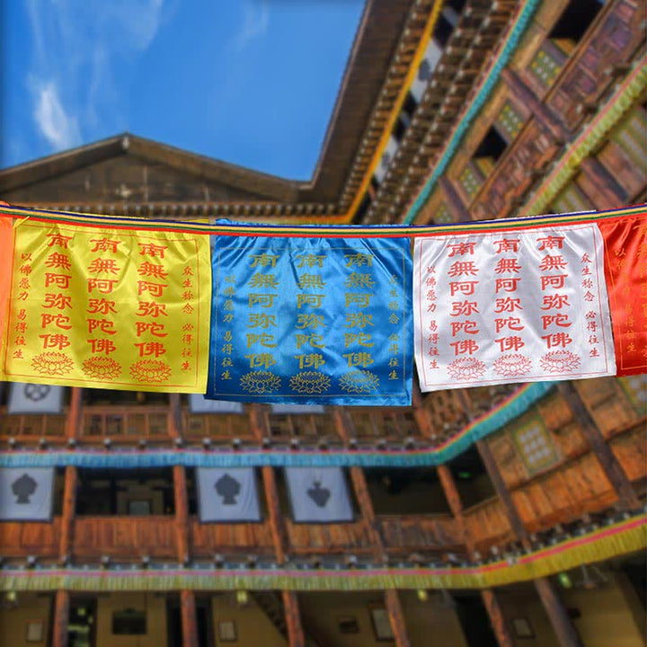 Buddha Stones Tibetan 7 Colors Windhorse Letter Auspicious Lotus Outdoor 21 Pcs Prayer Flag