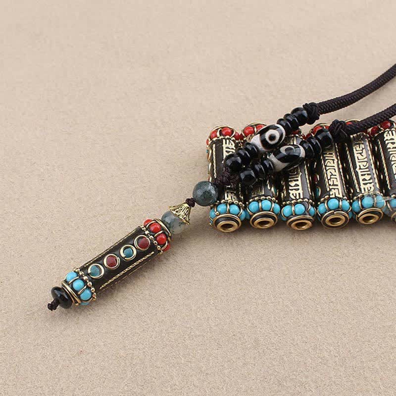 BWOOOH Tibetan Om Mani Padme Hum Dzi Bead Wenge Wood Necklace Pendant