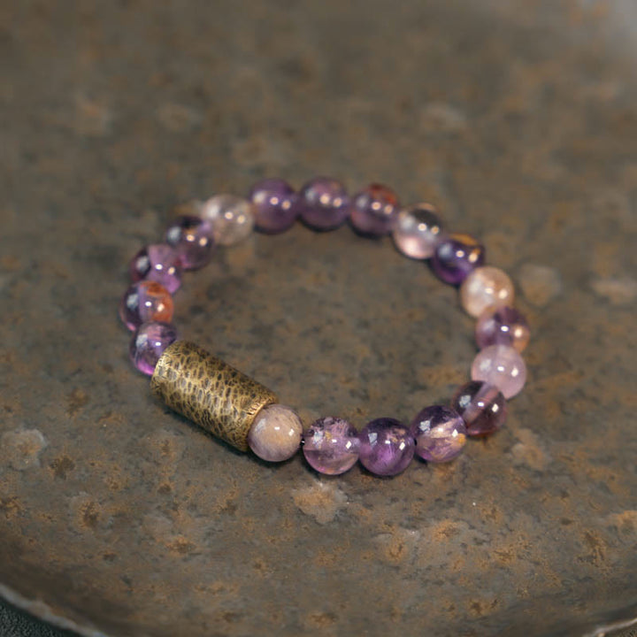 BWOOOH White Crystal Red Hematoid Quartz Gold Rutilated Quartz Purple Phantom Protection Bracelet