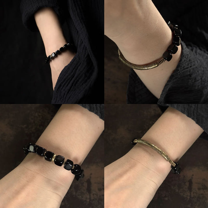 BWOOOH Black Obsidian Crystal Copper Strength Couple Bracelet
