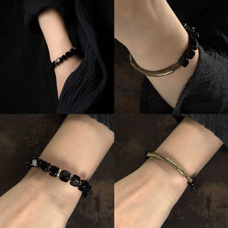 BWOOOH Black Obsidian Crystal Copper Strength Couple Bracelet