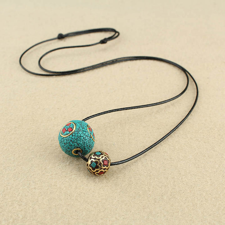 BWOOOH Tibetan Turquoise Double Bead Protection Strength Necklace Pendant