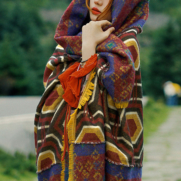 BWOOOH Tibetan Shawl Brown Blue Red Geometric Shapes Patt