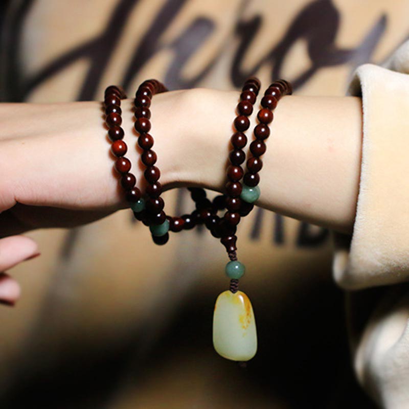 BWOOOH Tibetan Small Leaf Red Sandalwood Jade Mala Meditation Bracelet