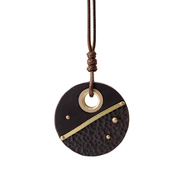BWOOOH Handcrafted Round Ebony Wood Brass Copper Peace Necklace Pendant