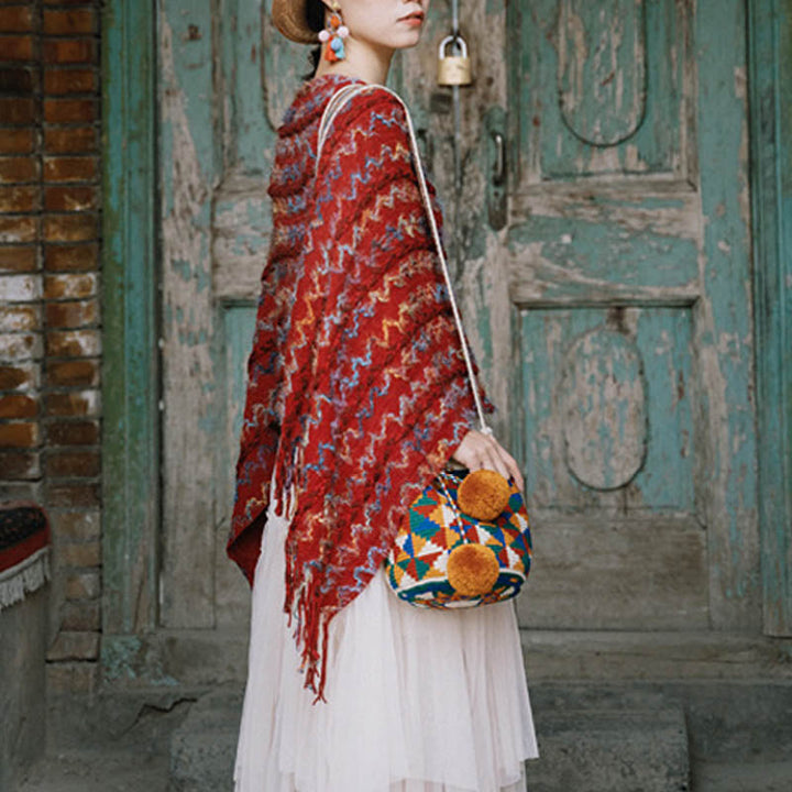 BWOOOH Tibetan Colorful Striped Shawl Tassels Pullover Wi