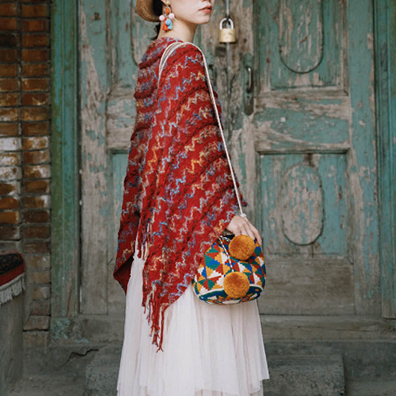 BWOOOH Tibetan Colorful Striped Shawl Tassels Pullover Wi