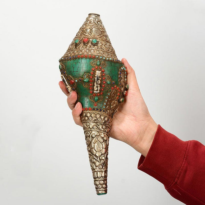 Buddha Stones Tibetan Handmade Engraved Shankha Double Dorje Buddha Conch Shell Wealth Positive Decoration