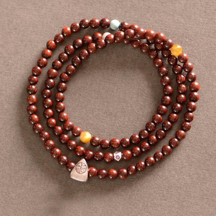 BWOOOH 925 Sterling Silver Indian Small Leaf Red Sandalwood Fu Character Protection Triple Wrap Bracelet