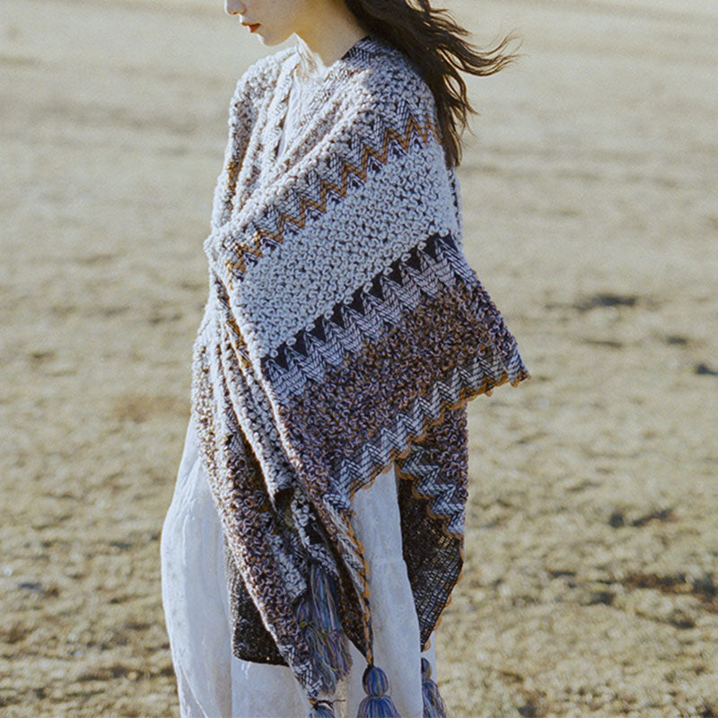 BWOOOH Tibetan Shawl Gray Brown Striped Knitted Tassels W