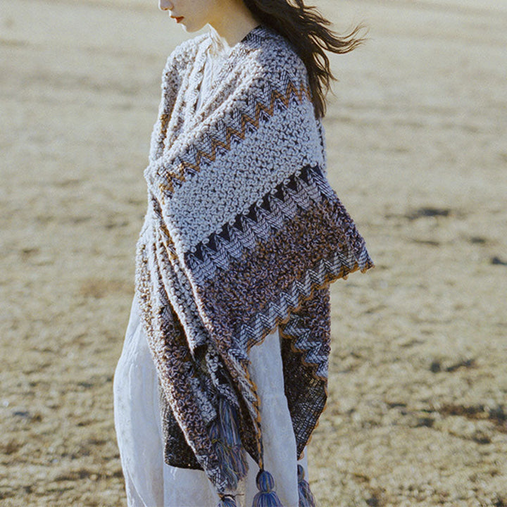 BWOOOH Tibetan Shawl Gray Brown Striped Knitted Tassels W