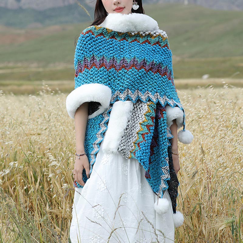 BWOOOH Tibetan Multicolored Wavy Lines Knitted Striped Sh