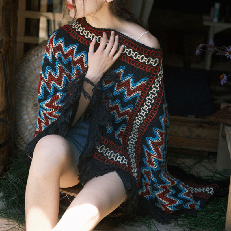 BWOOOH Tibetan Shawl Striped Knitted Tassels Pullover Win