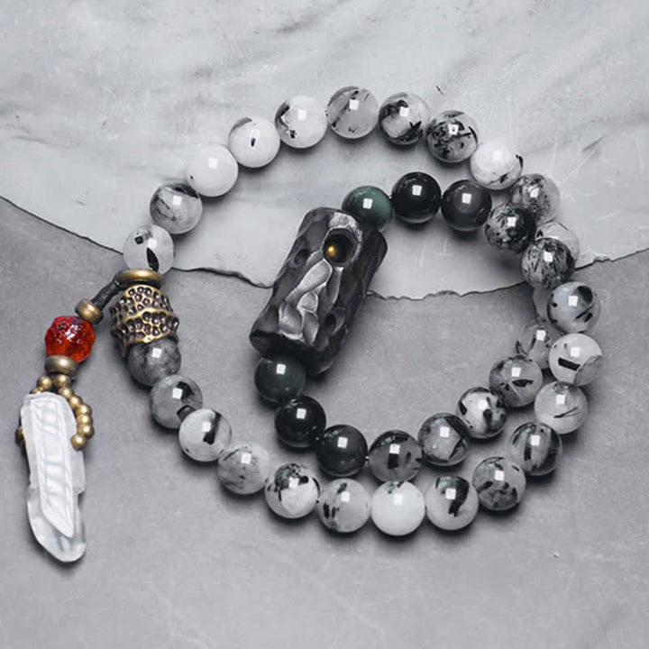 BWOOOH Black Rutilated Quartz Ebony Wood White Crystal Success Couple Bracelet