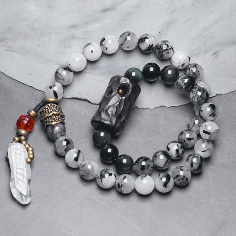 BWOOOH Black Rutilated Quartz Ebony Wood White Crystal Success Couple Bracelet