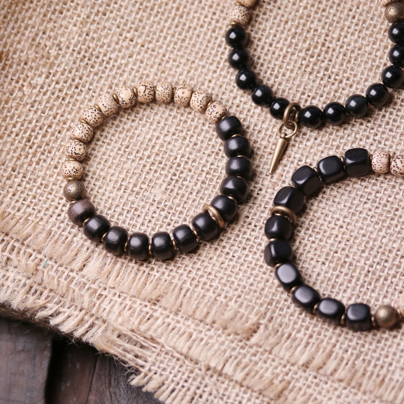 BWOOOH Tibetan Bodhi Seed Black Obsidian Ebony Wood Copper Peace Bracelet