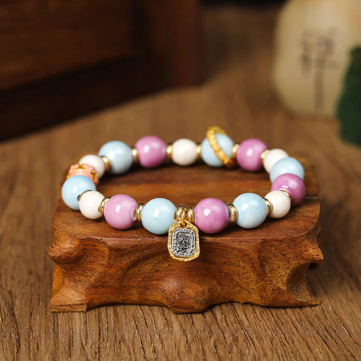 BWOOOH Tibetan Zakiram Goddess of Wealth Rabbit Lion Head Charm Liuli Glass Incense Ash Porcelain Bead Protection Bracelet