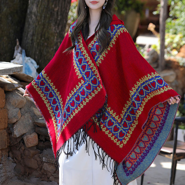 BWOOOH Tibetan Shawl Red Love Heart Tassel Hooded Cloak W