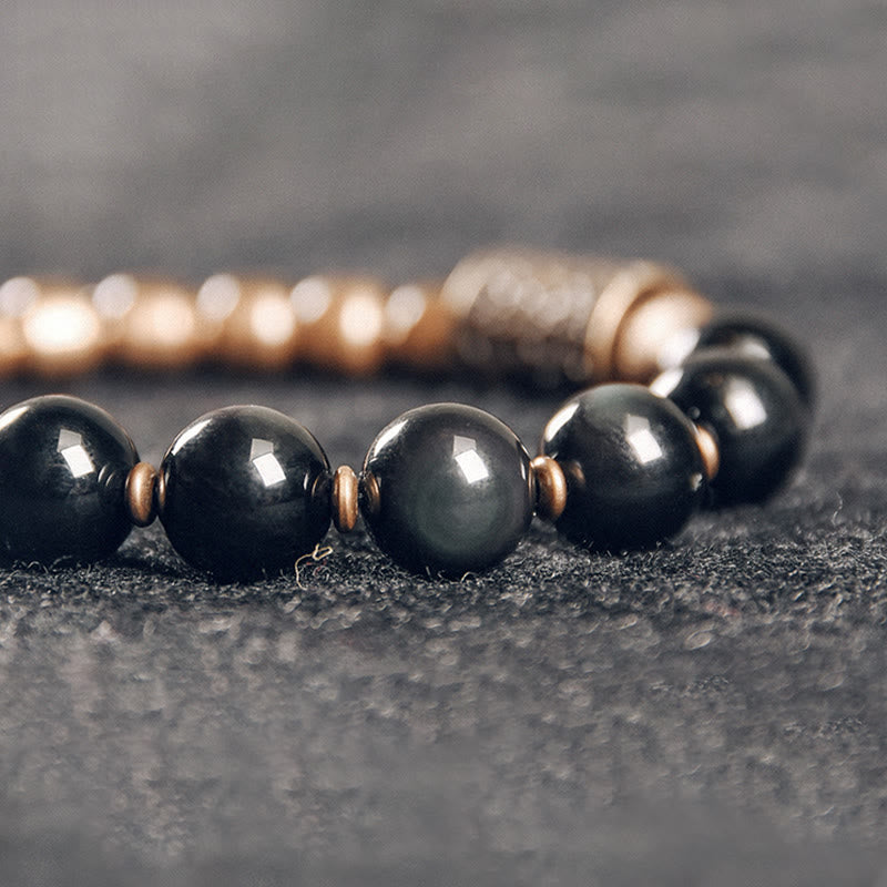 BWOOOH Lava Rock Stone Rainbow Obsidian Brass Support Healing Bracelet
