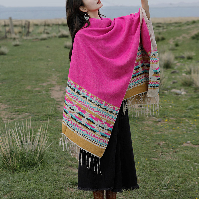 BWOOOH Tibetan Shawl Colorful Geometry Winter Cozy Travel