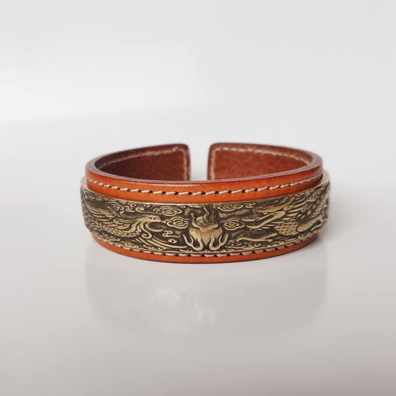 BWOOOH 2Pcs Om Mani Padme Hum Dragon Phoenix Copper Leather Peace Cuff Bracelet Bangle