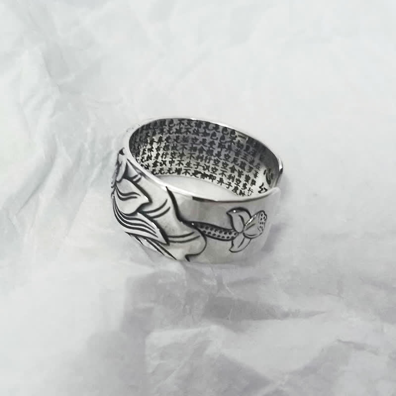 BWOOOH 999 Sterling Silver Lotus Symbol Heart Sutra Protection Ring