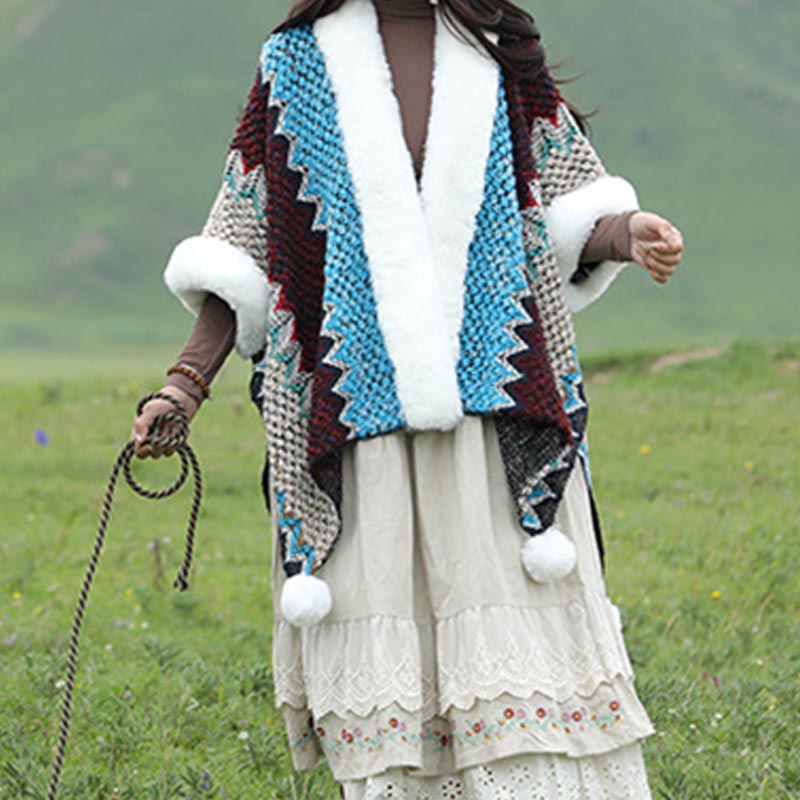BWOOOH Tibetan Multicolored Wavy Lines Knitted Striped Sh