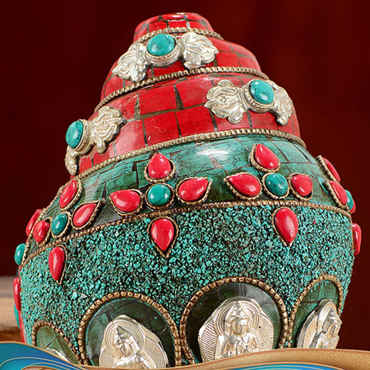 BWOOOH Tibetan Handmade Shankha Om Mani Padme Hum Buddha Avalokitesvara Turquoise Conch | Turquoise