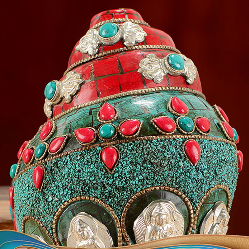 BWOOOH Tibetan Handmade Shankha Om Mani Padme Hum Buddha Avalokitesvara Turquoise Conch | Turquoise
