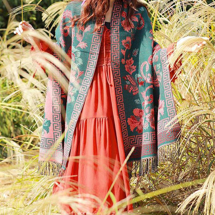 BWOOOH Tibetan Flowers Leaves Pattern Design Shawl Cozy T