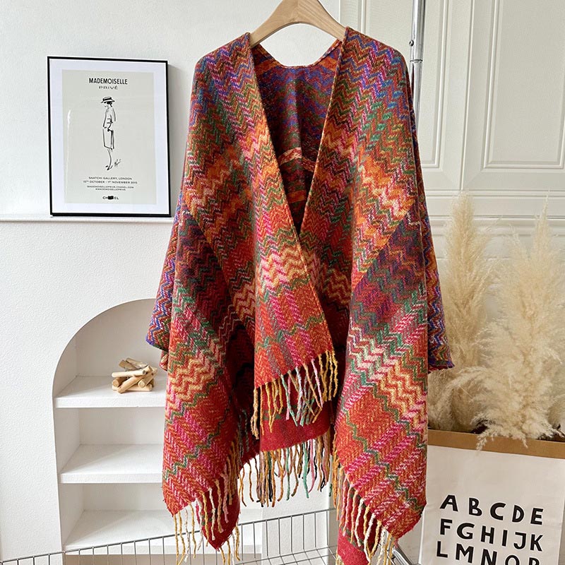 BWOOOH Tibetan Shawl Colorful Wavy Striped Shapes Tassels