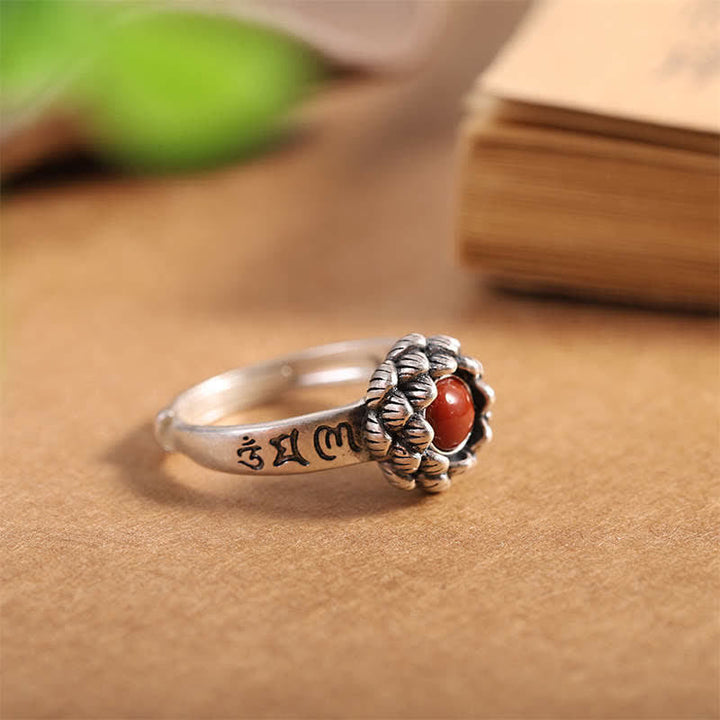 BWOOOH925 Sterling Silver Lotus Red Agate Confidence Blessing Ring