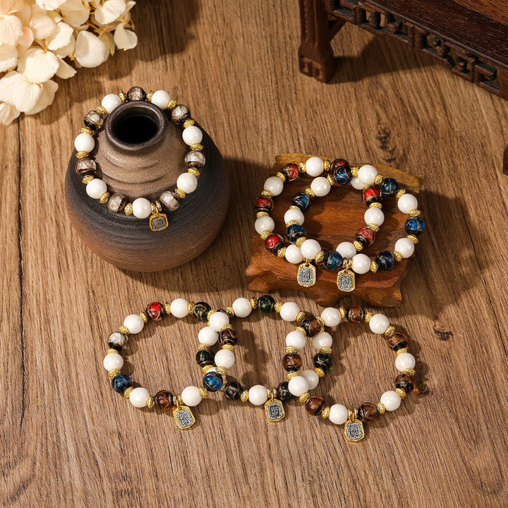 BWOOOH Tibetan Zakiram Goddess of Wealth Charm Liuli Glass Incense Ash Porcelain Bead Protection Bracelet