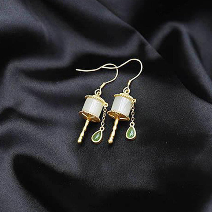 BWOOOH 925 Sterling Silver Jade Prayer Wheel Luck Drop Earrings
