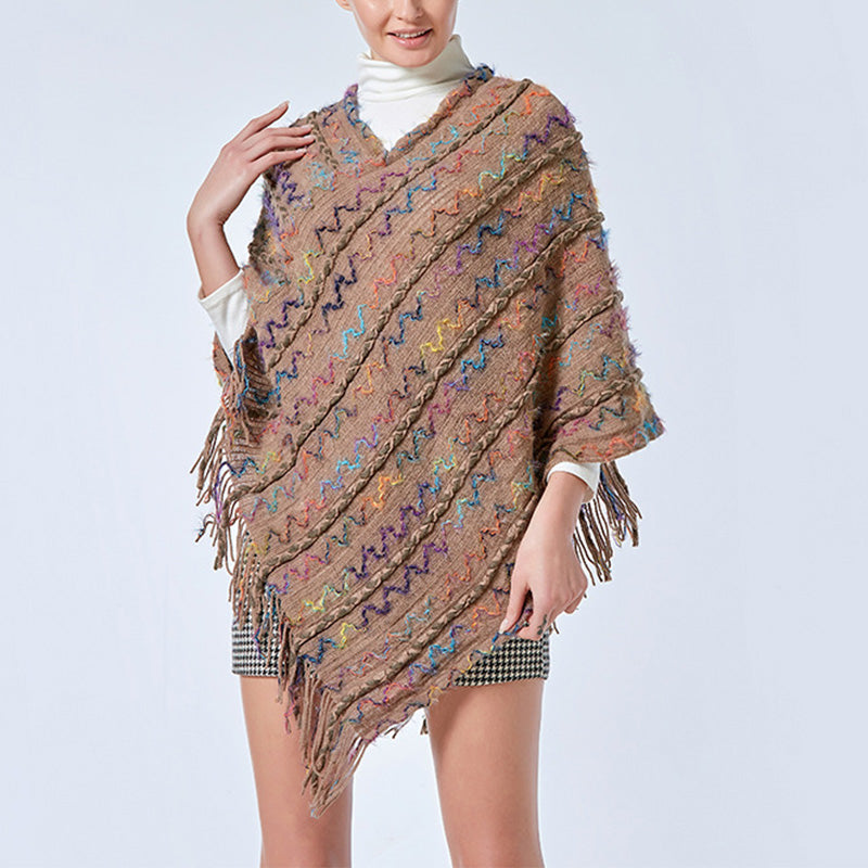 BWOOOH Tibetan Colorful Striped Shawl Tassels Pullover Wi