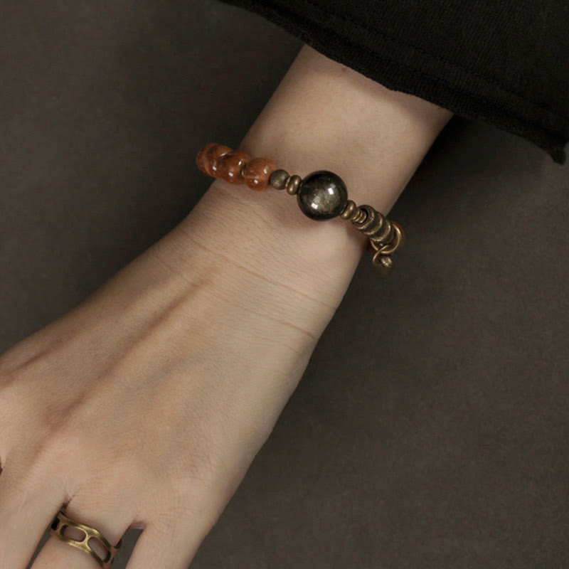 BWOOOH Kuka Seed Tiger Eye Gold Sheen Obsidian Brass Copper Wealth Luck Bracelet