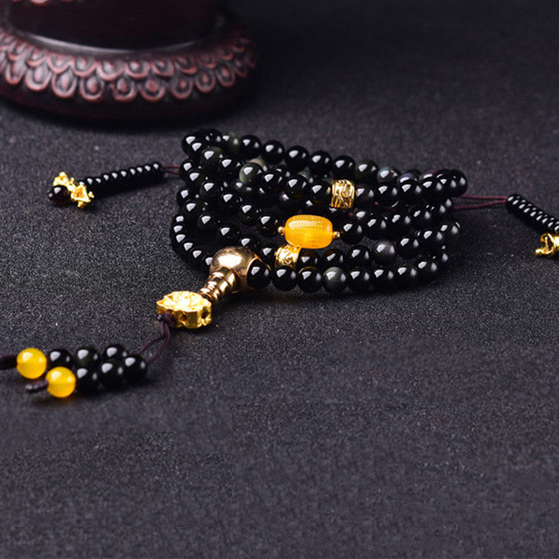 BWOOOH 108 Beads Natural Black Obsidian Lotus Fulfilment Mala Bracelet