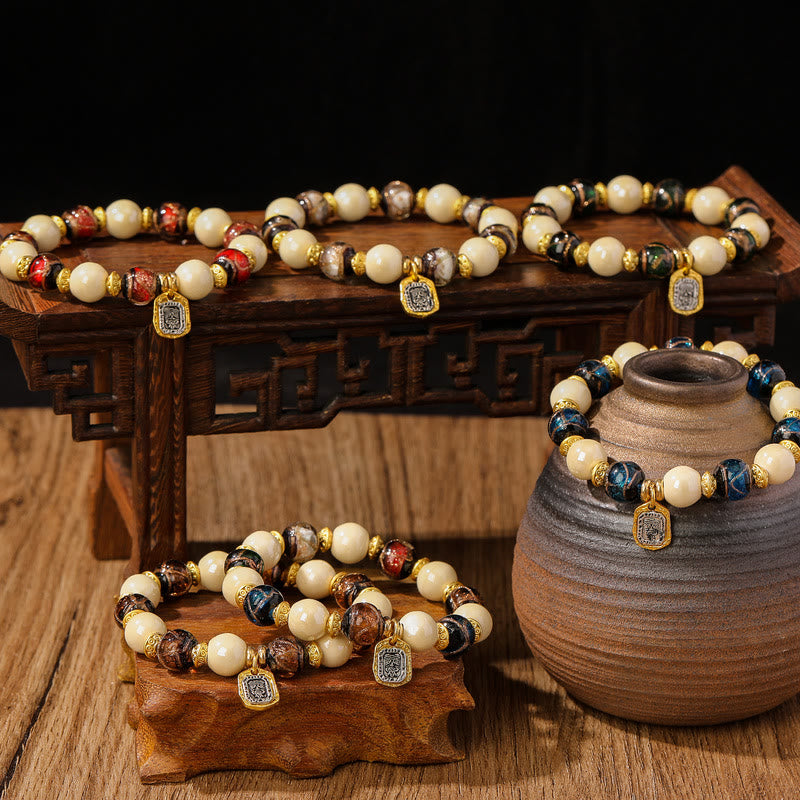 BWOOOH Tibetan Zakiram Goddess of Wealth Charm Liuli Glass Incense Ash Porcelain Bead Protection Bracelet