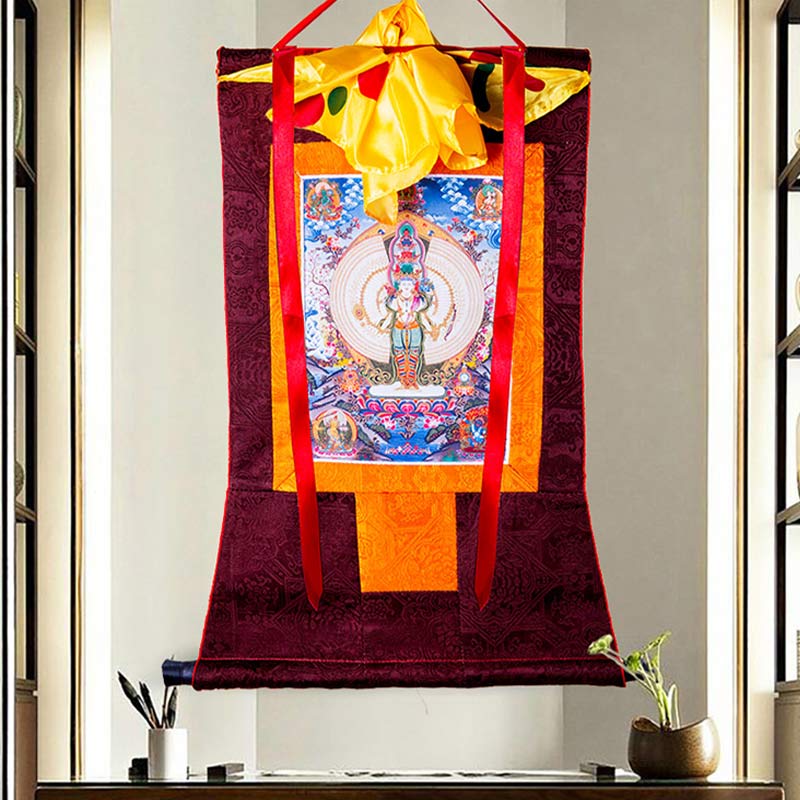 BWOOOH Tibetan Thousand-handed Avalokitesvara Framed Thangka Blessing Decoration | natural stone spiritual home decor