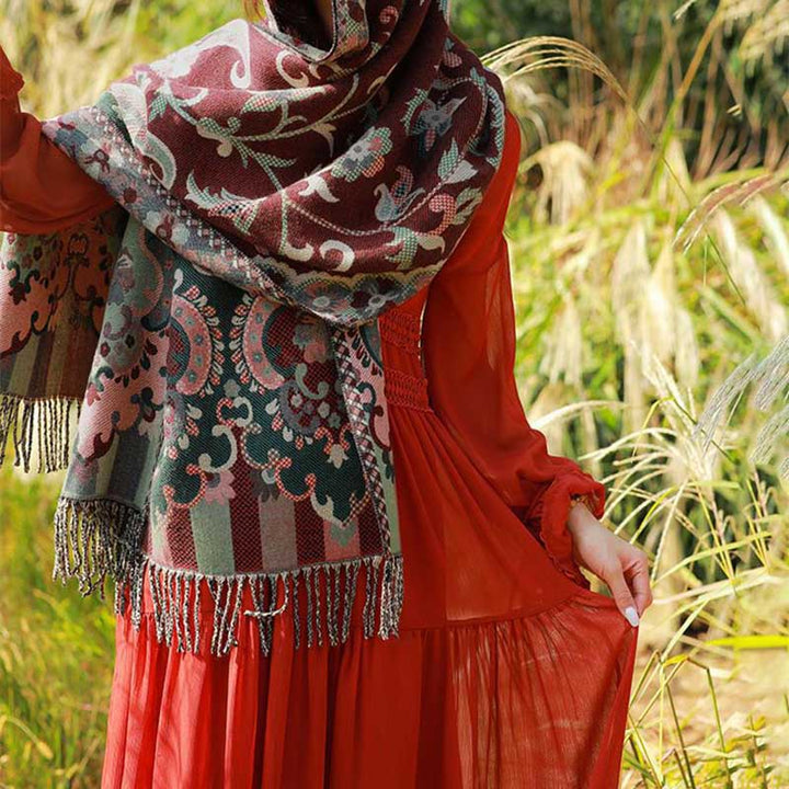 BWOOOH Tibetan Flowers Leaves Branch Design Tassel Shawl 